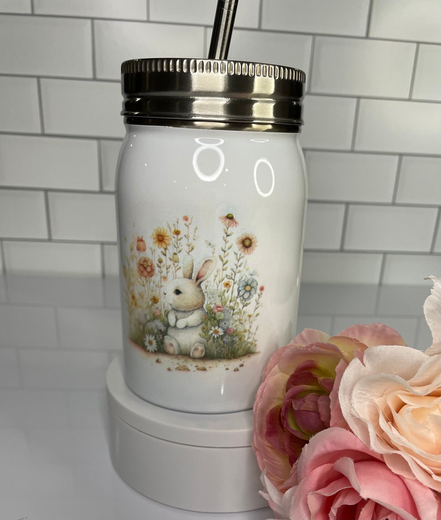Bunny with floral theme mason jar water bottle | Water bottle for kids