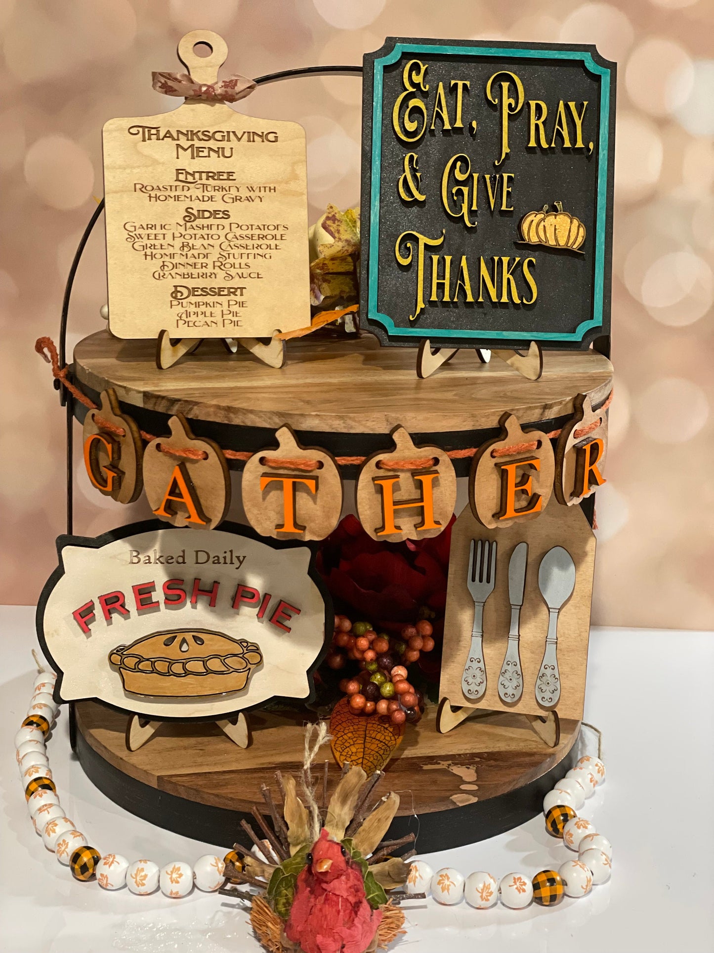 Thanksgiving Tiered Tray Decor #1 | Give Thanks Decor | Thanksgiving Dinner Table Decor | Apple Pie | Thanksgiving Menu | Mini-signs