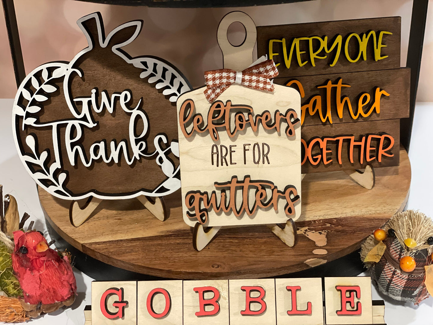Thanksgiving Tiered Tray Decor #2| Give Thanks Decor | Thanksgiving Dinner Table Decor | Apple Pie | Mini-signs | Thankful, Grateful |
