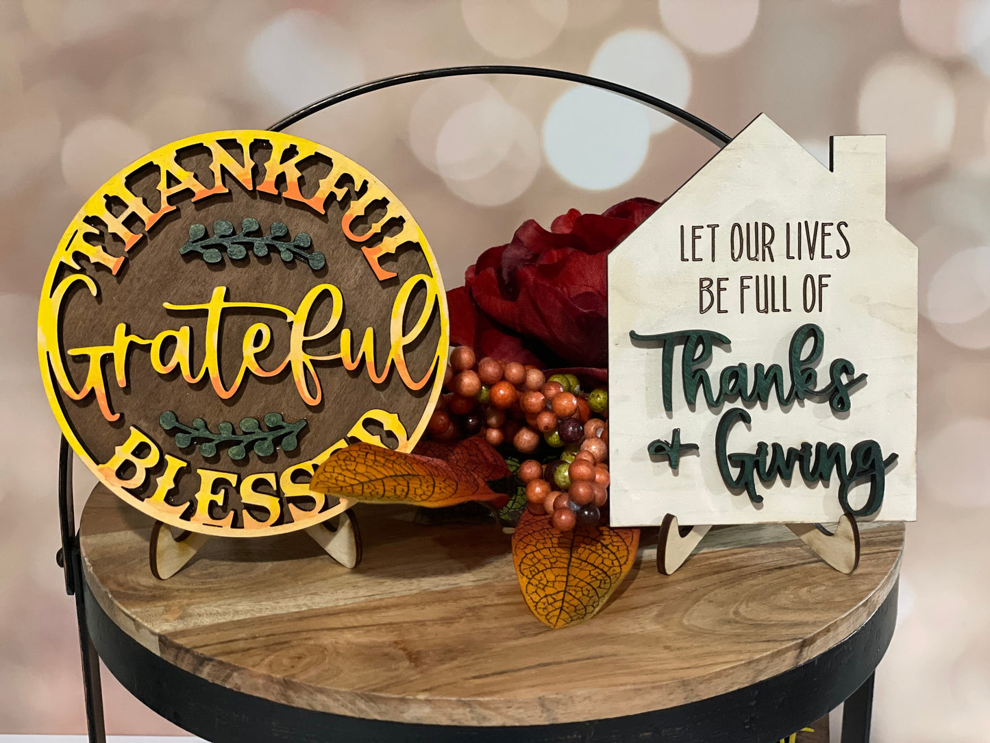 Thanksgiving Tiered Tray Decor #2| Give Thanks Decor | Thanksgiving Dinner Table Decor | Apple Pie | Mini-signs | Thankful, Grateful |