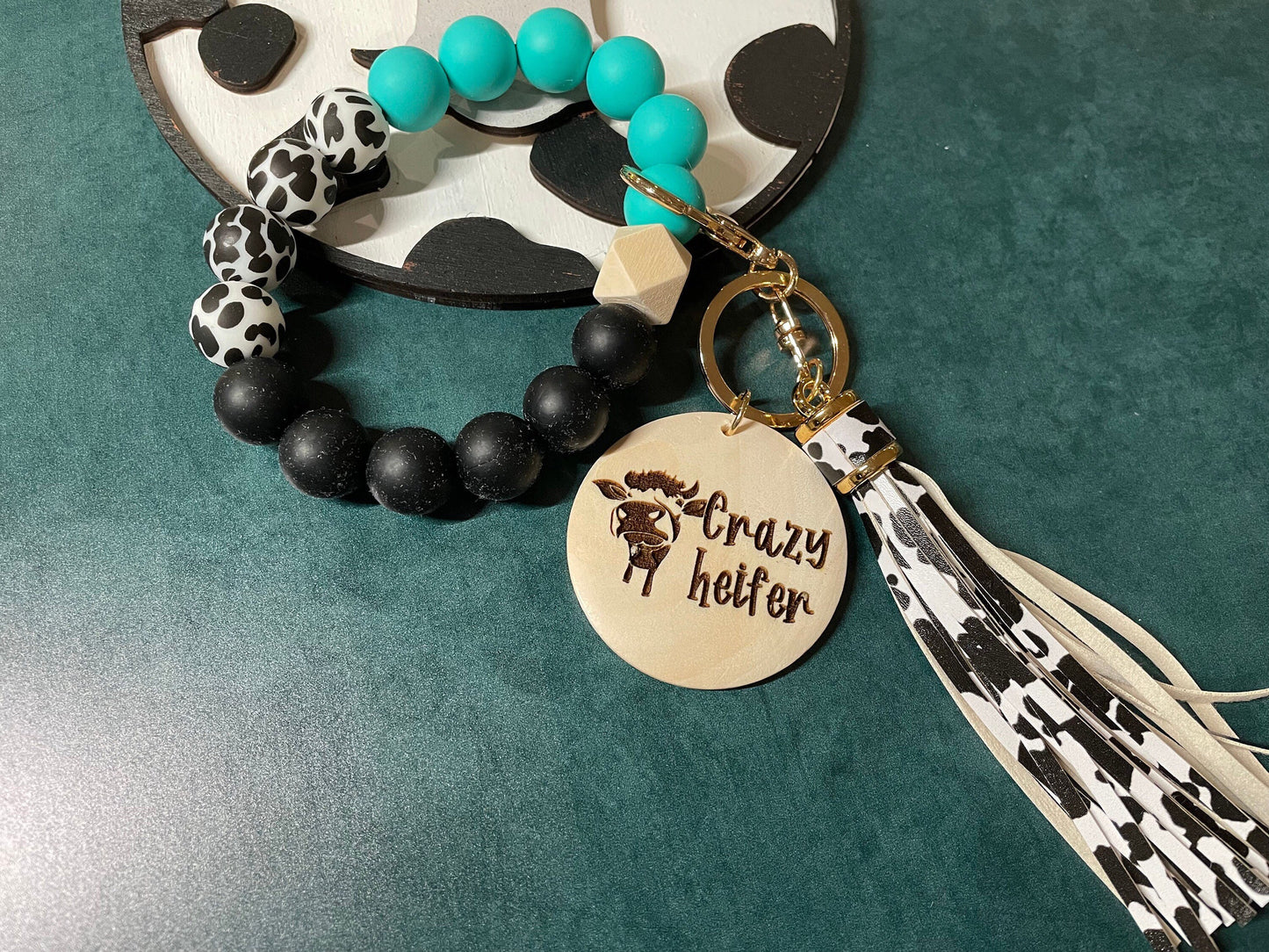 Key chain with Wristlet | Cow pattern wristlet with silicone beads | wooden disc | keyring | Not today heifer