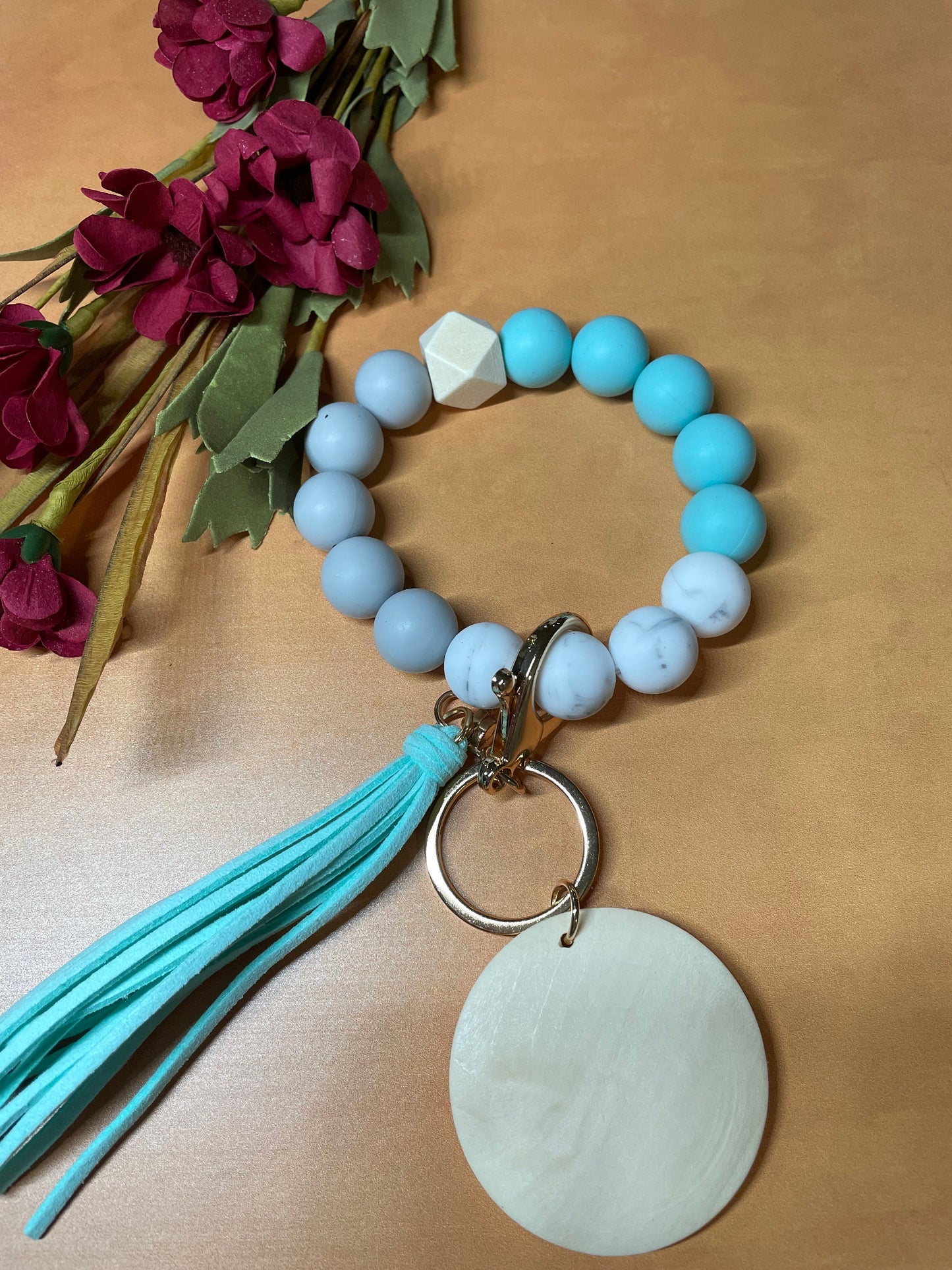 Wristlets with silicone beads | wooden disc | keyring