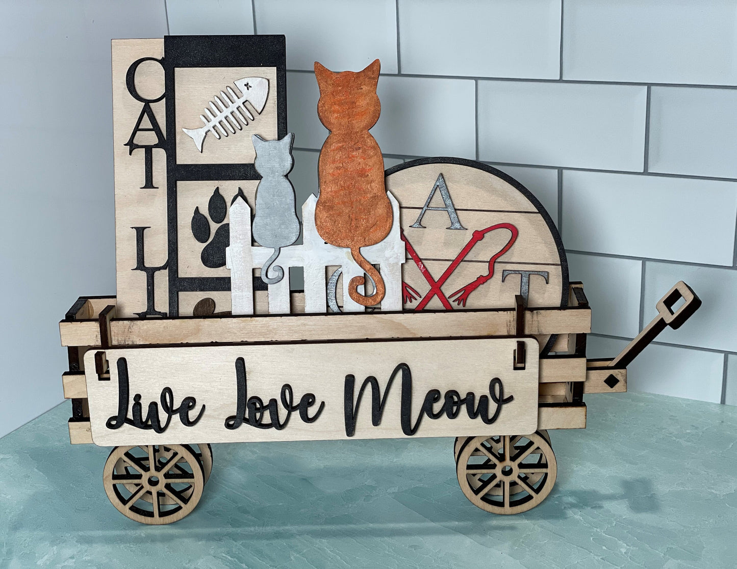 Farmhouse wagon with cat theme | mini signs | tiered tray decor