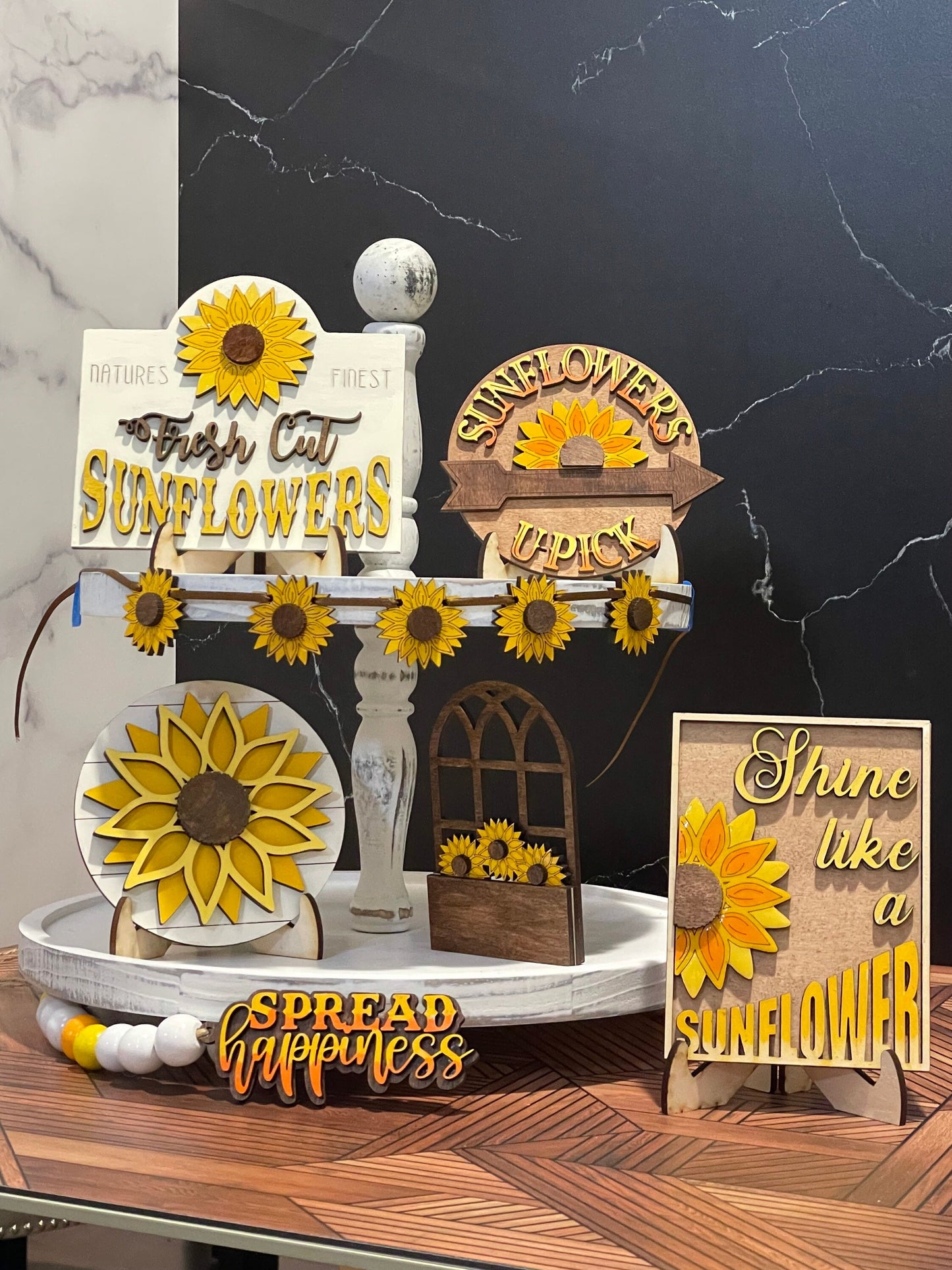 Tiered Tray Decor with Sunflowers | Sunflower Mini Signs