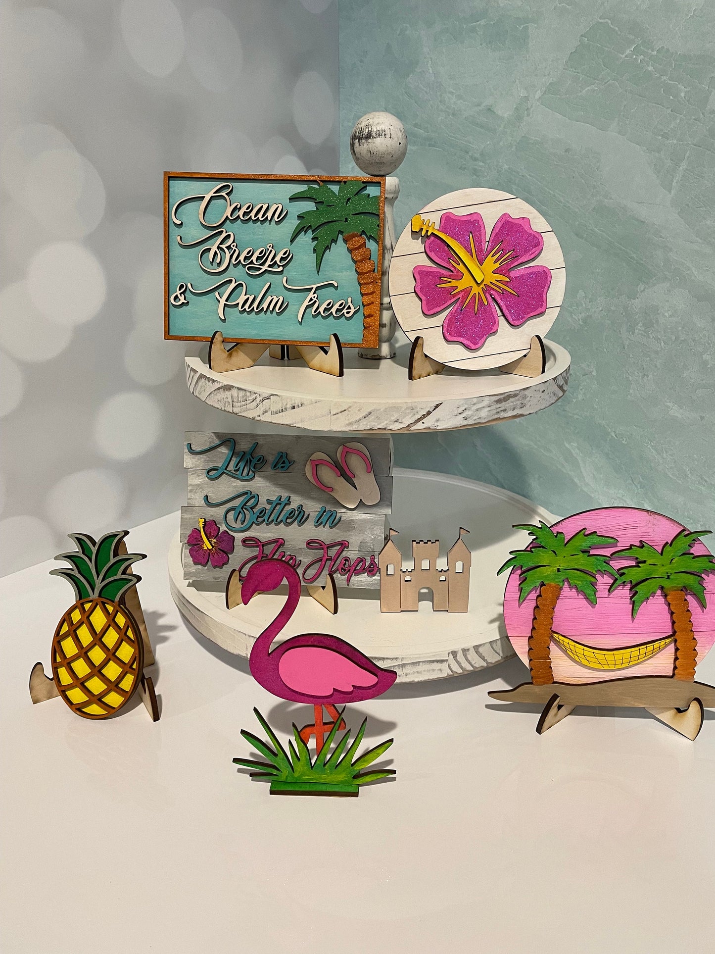 Tropical Beach Tiered Tray Decor | Summer Themed Decor