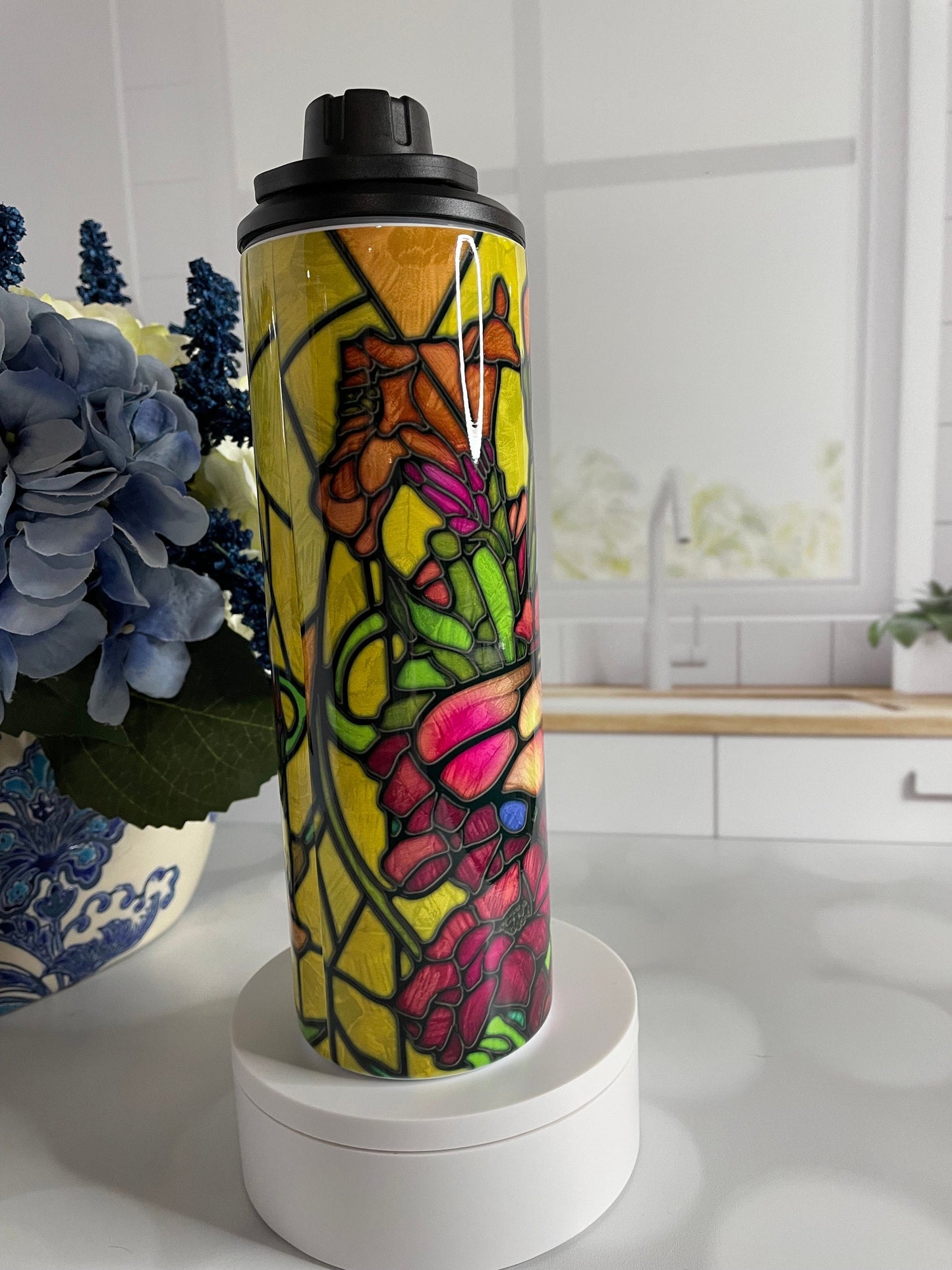 Stainless steel tumbler with stained glass butterfly design