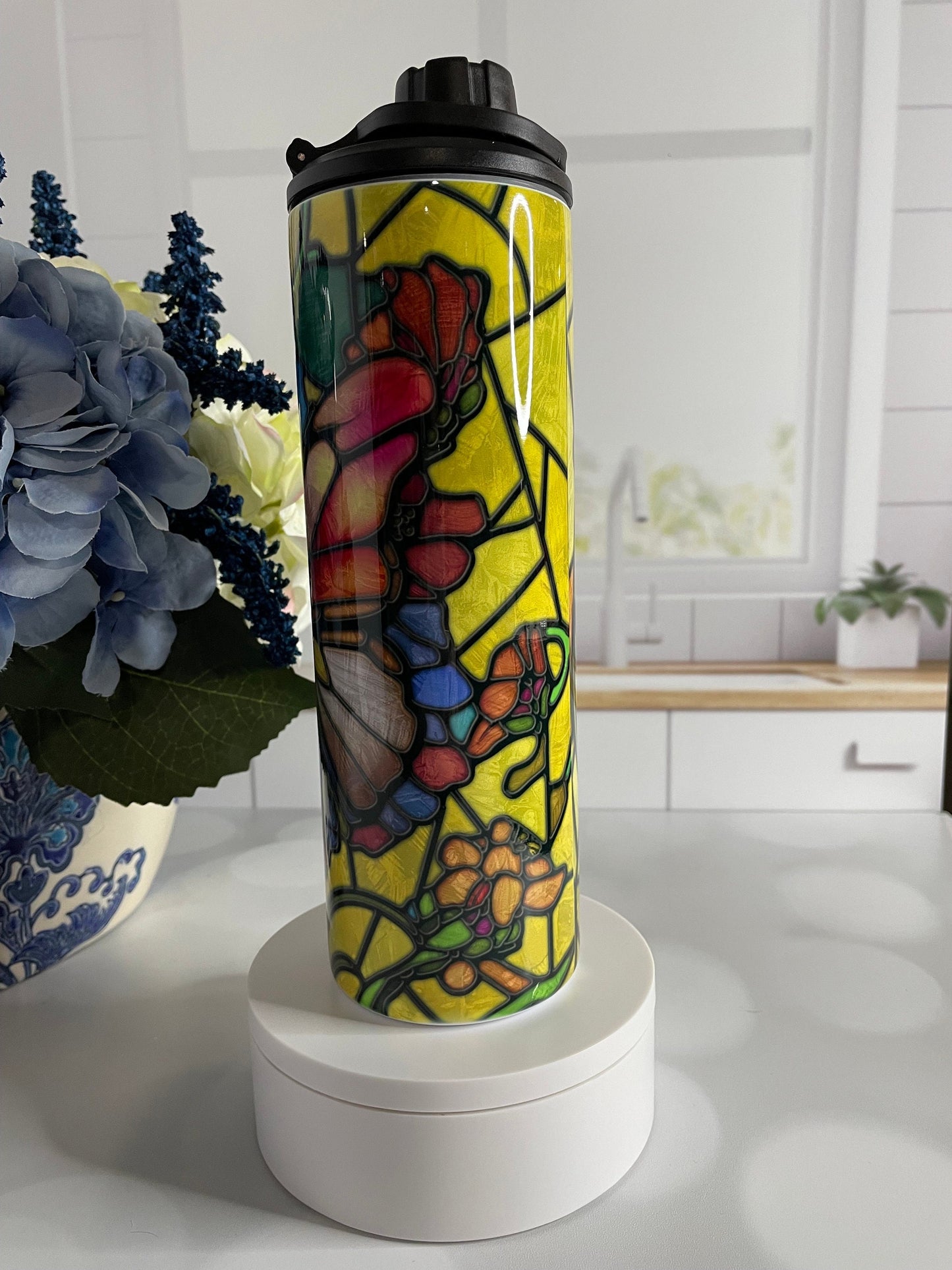 Stainless steel tumbler with stained glass butterfly design