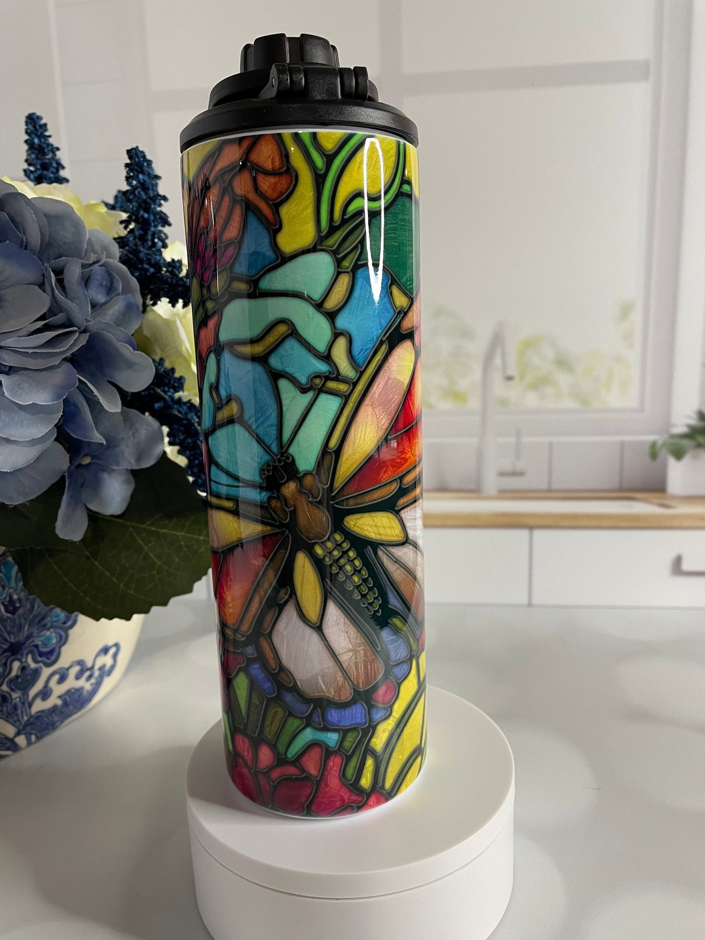 Stainless steel tumbler with stained glass butterfly design