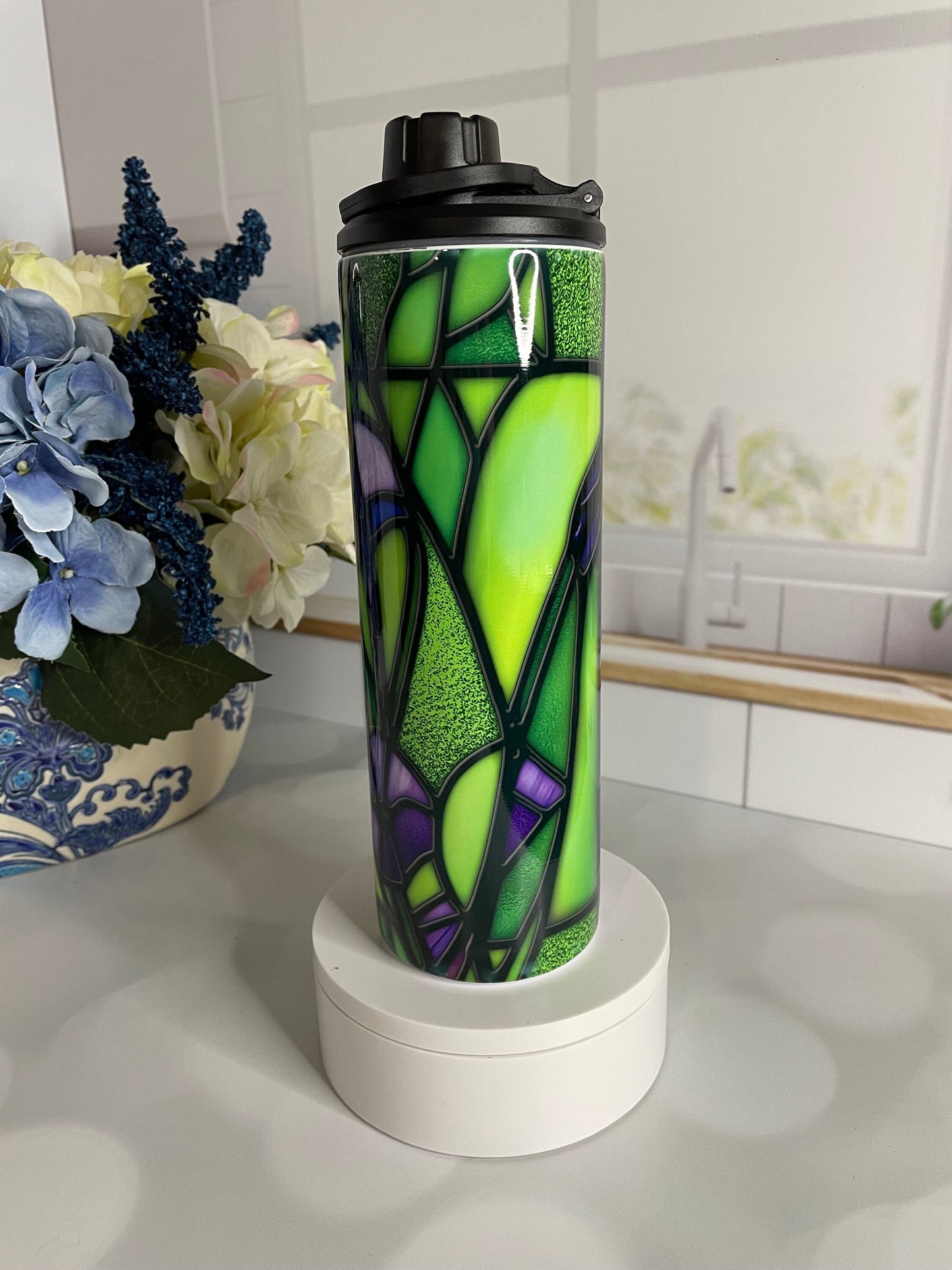 Tumbler with stained glass morning glory design