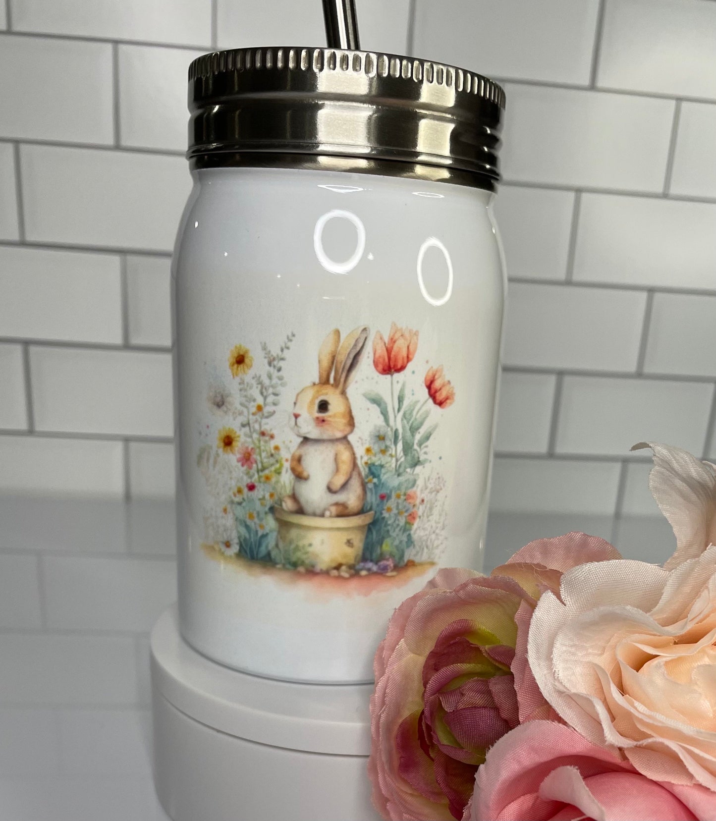 Bunny with floral theme mason jar water bottle | Water bottle for kids