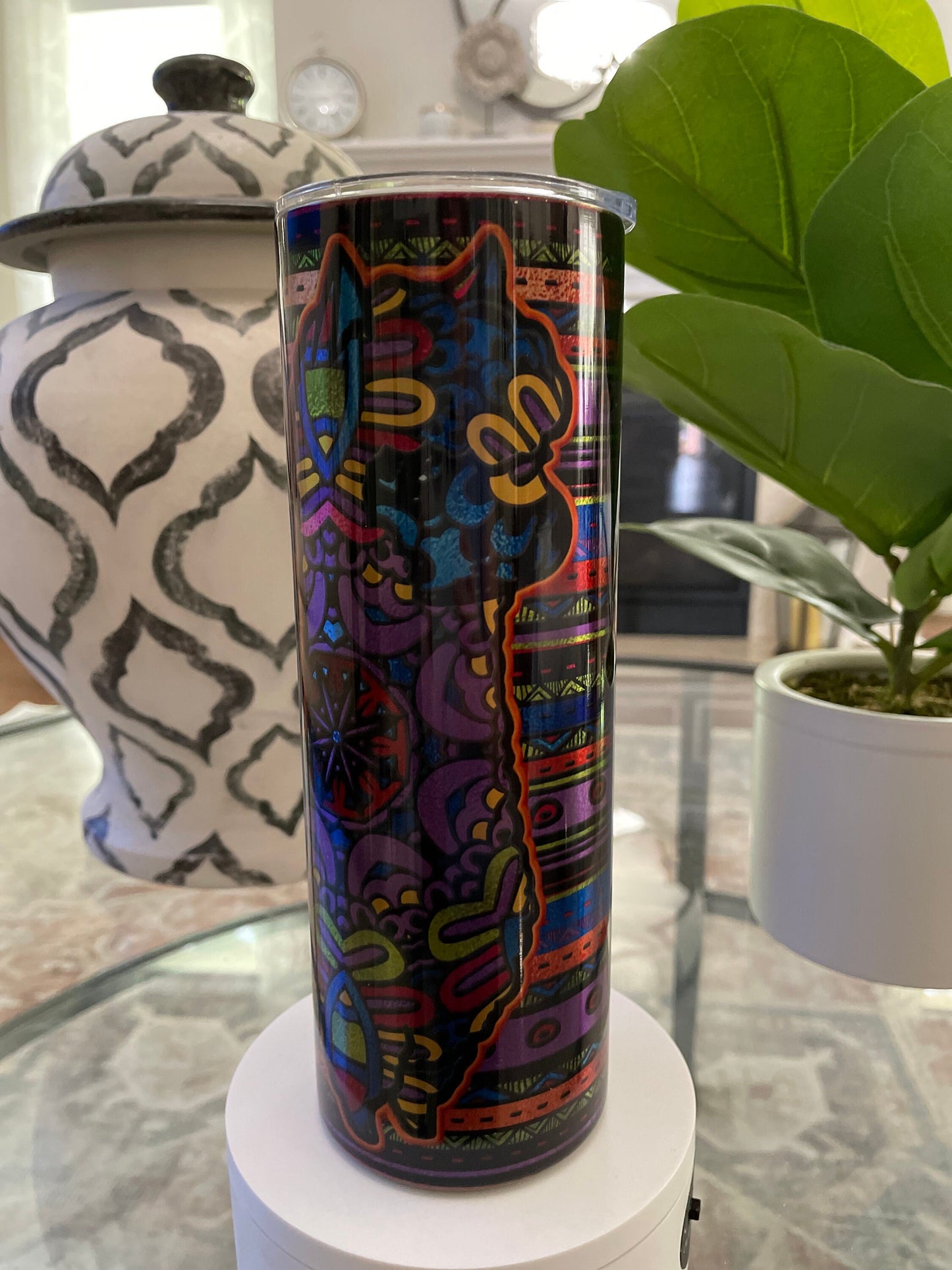 Llama on southwestern design on stainless steel | 20 oz skinny tumbler