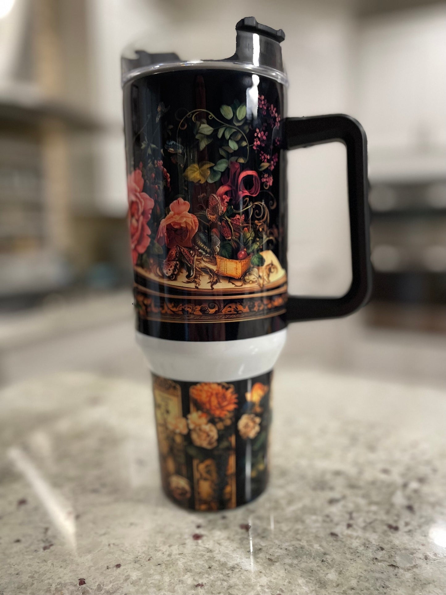 40 oz tumbler with handle | black background with vintage floral design