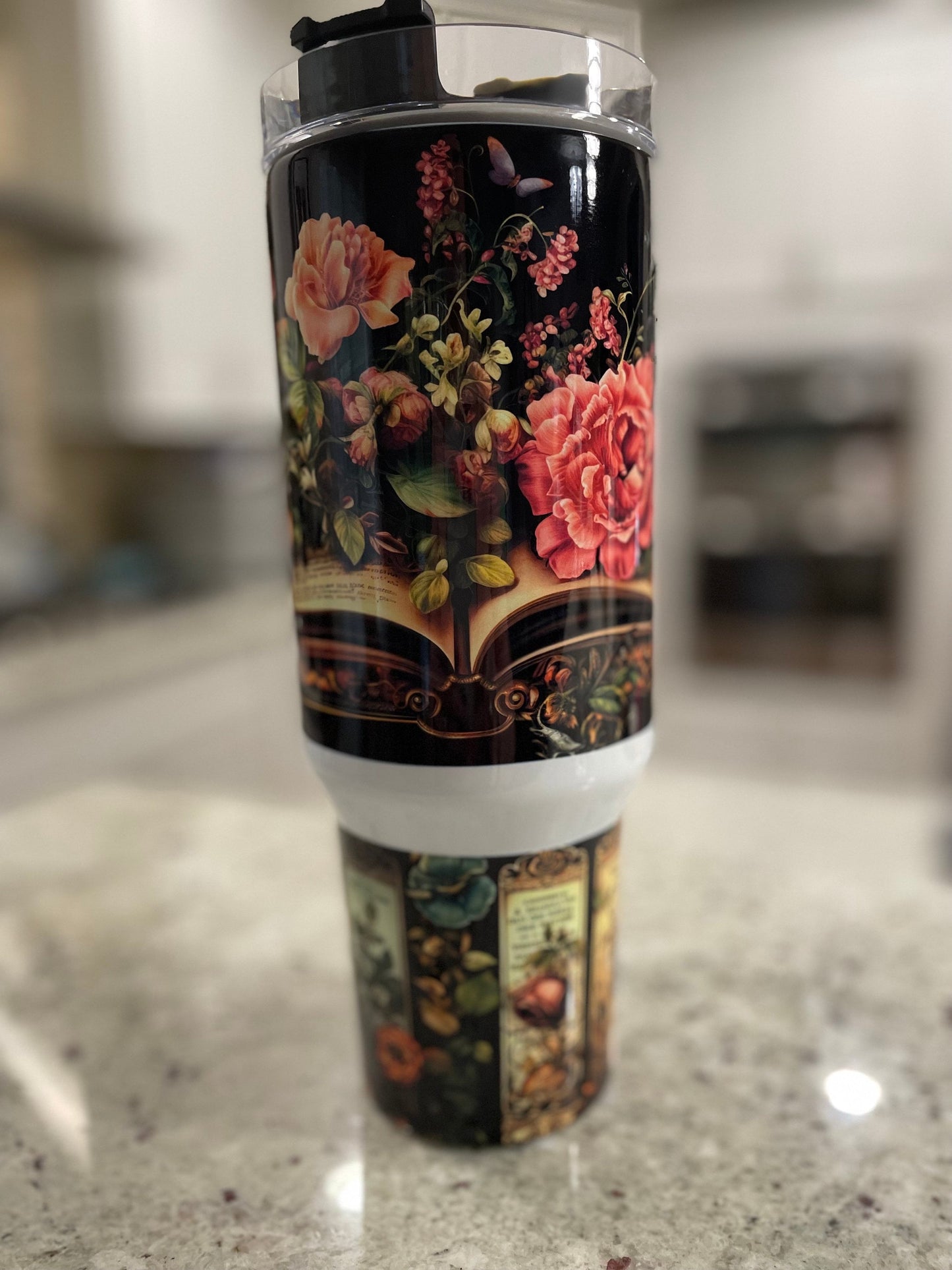 40 oz tumbler with handle | black background with vintage floral design