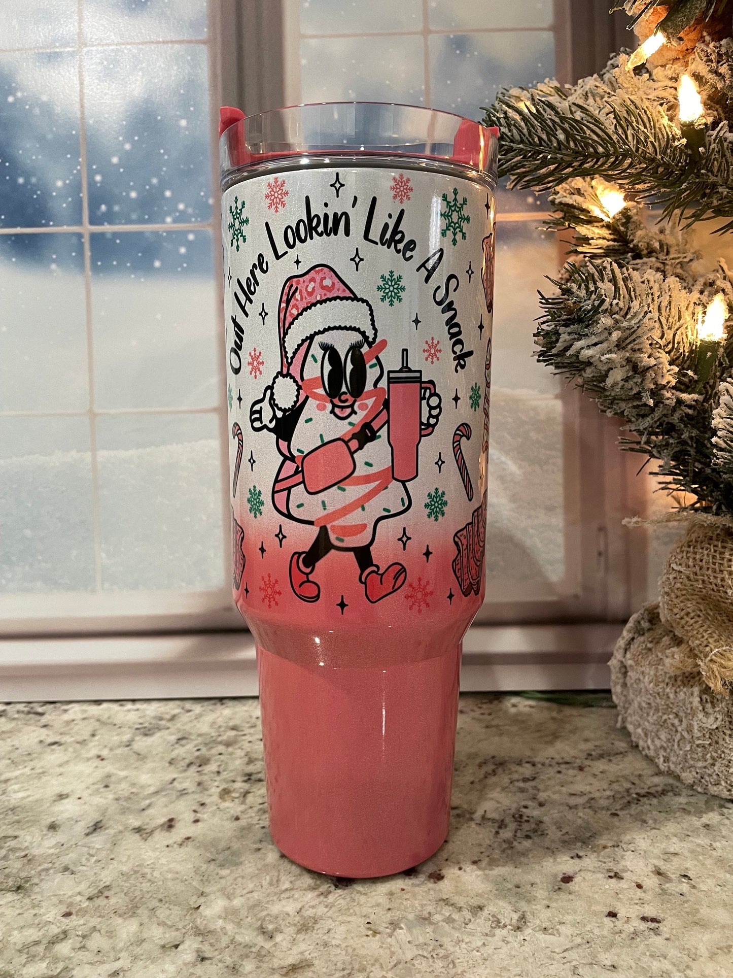 40 oz shimmer tumbler with handle | Christmas tree cake | Feel like a snack