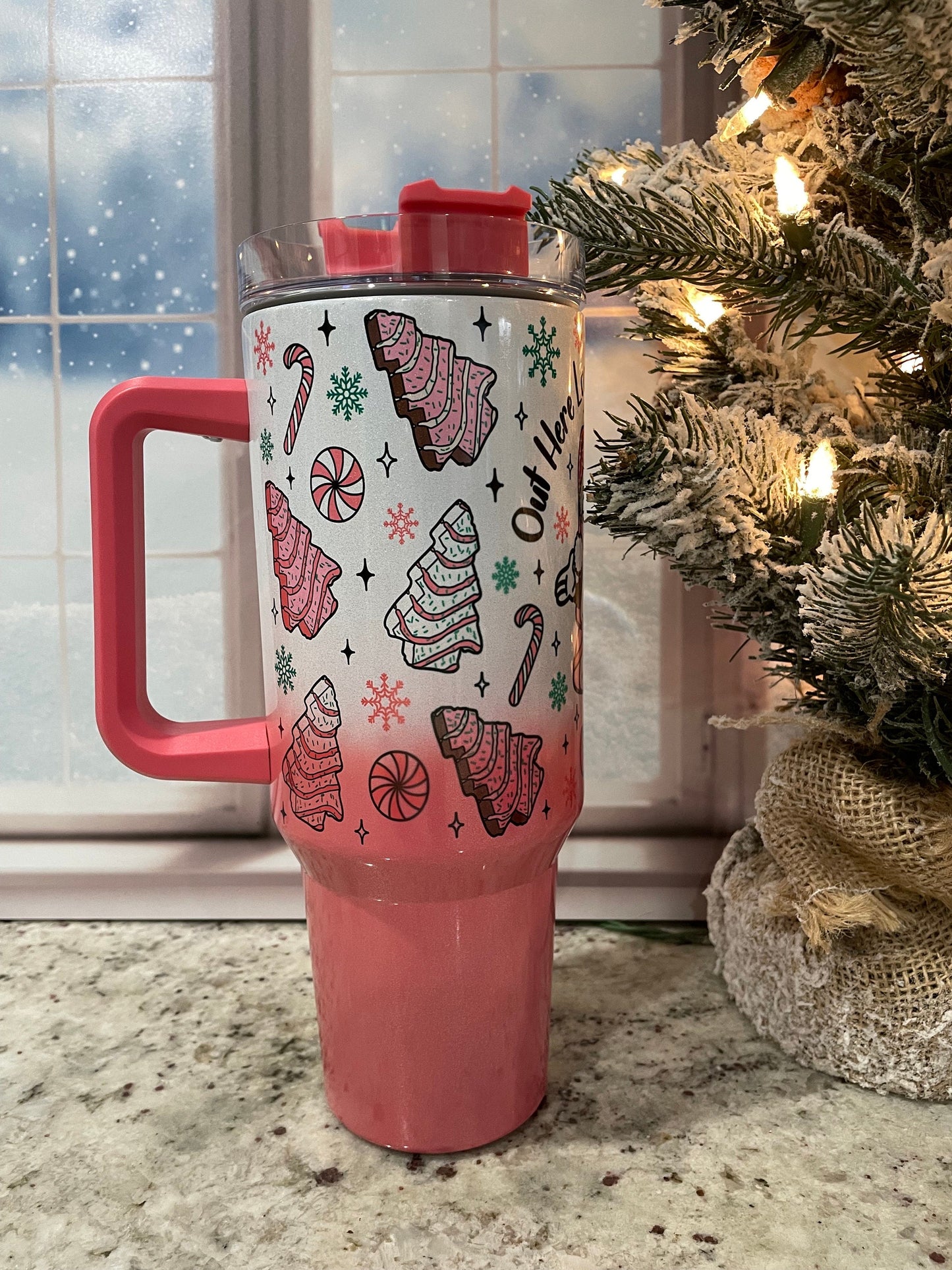 40 oz shimmer tumbler with handle | Christmas tree cake | Feel like a snack