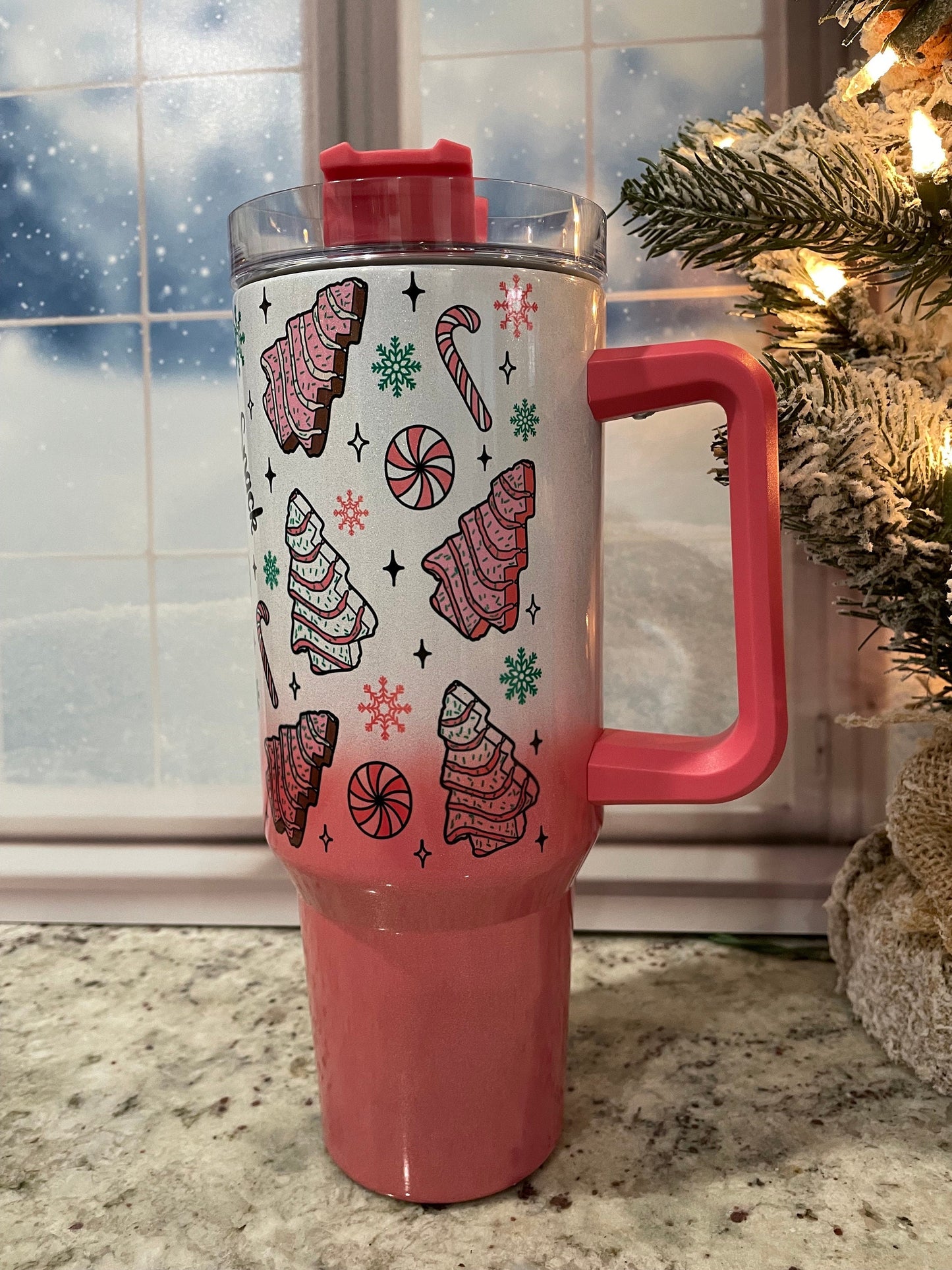 40 oz shimmer tumbler with handle | Christmas tree cake | Feel like a snack