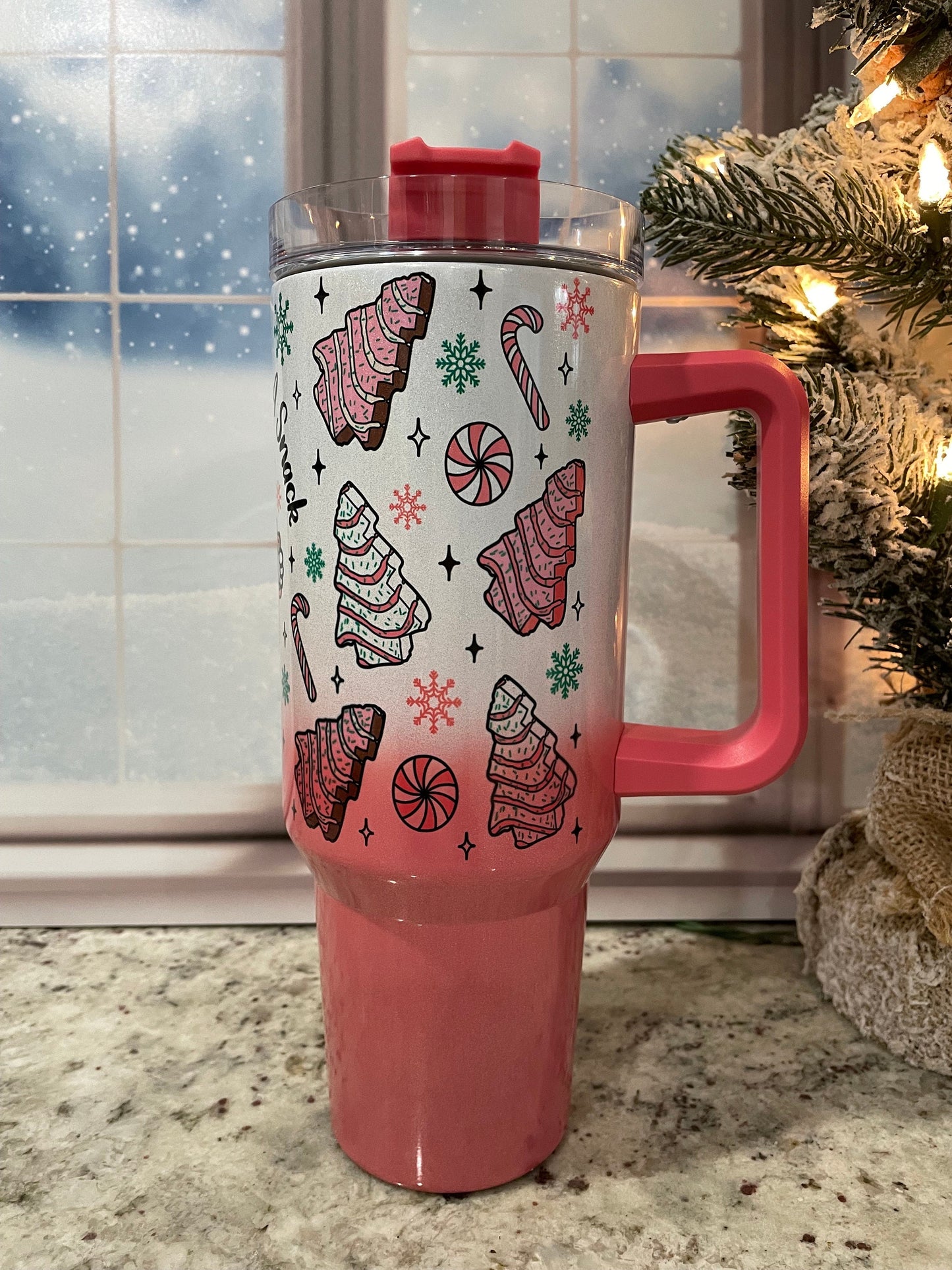 40 oz shimmer tumbler with handle | Christmas tree cake | Feel like a snack