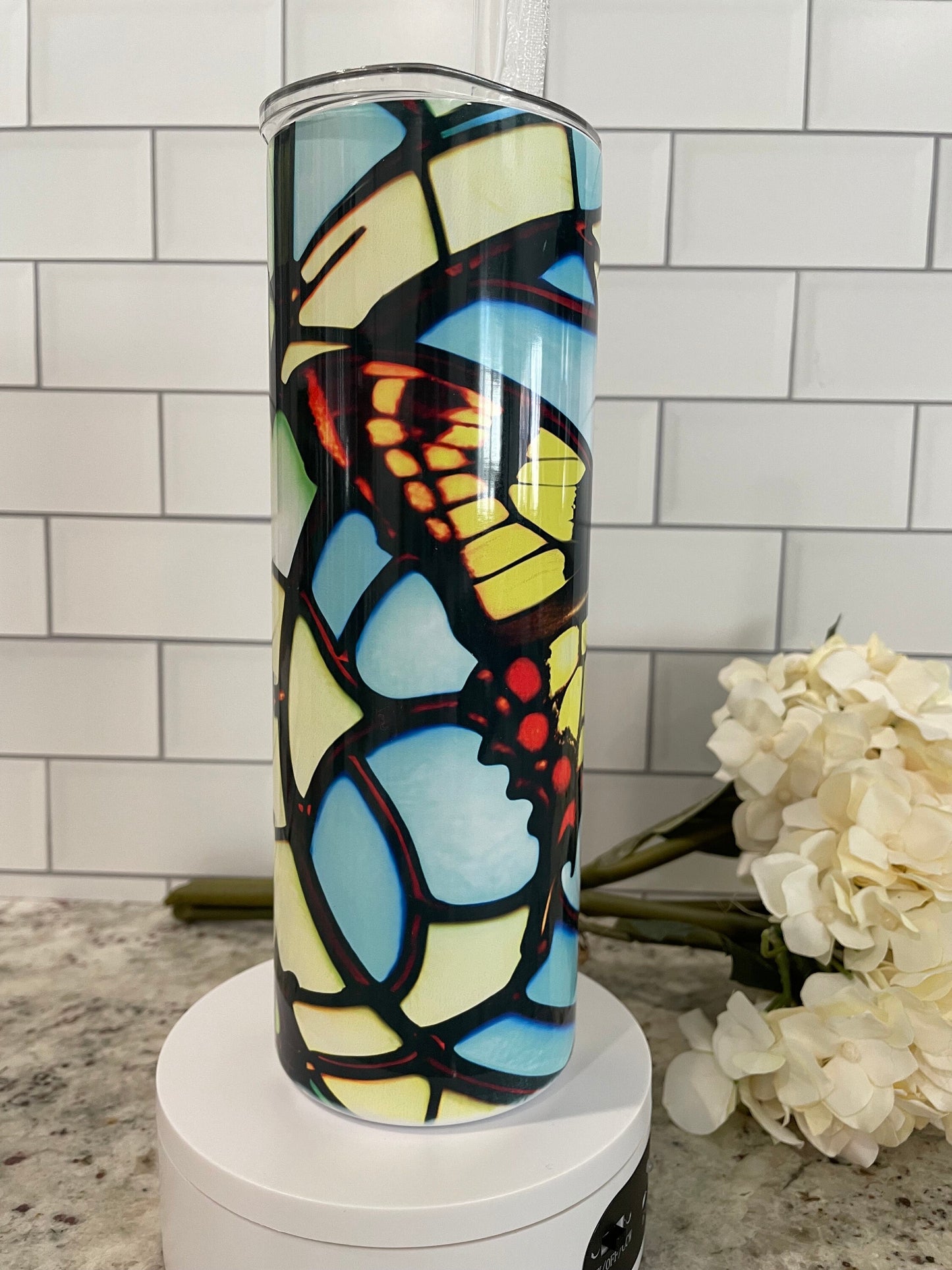 20 oz skinny tumbler | Stained glass look butterfly