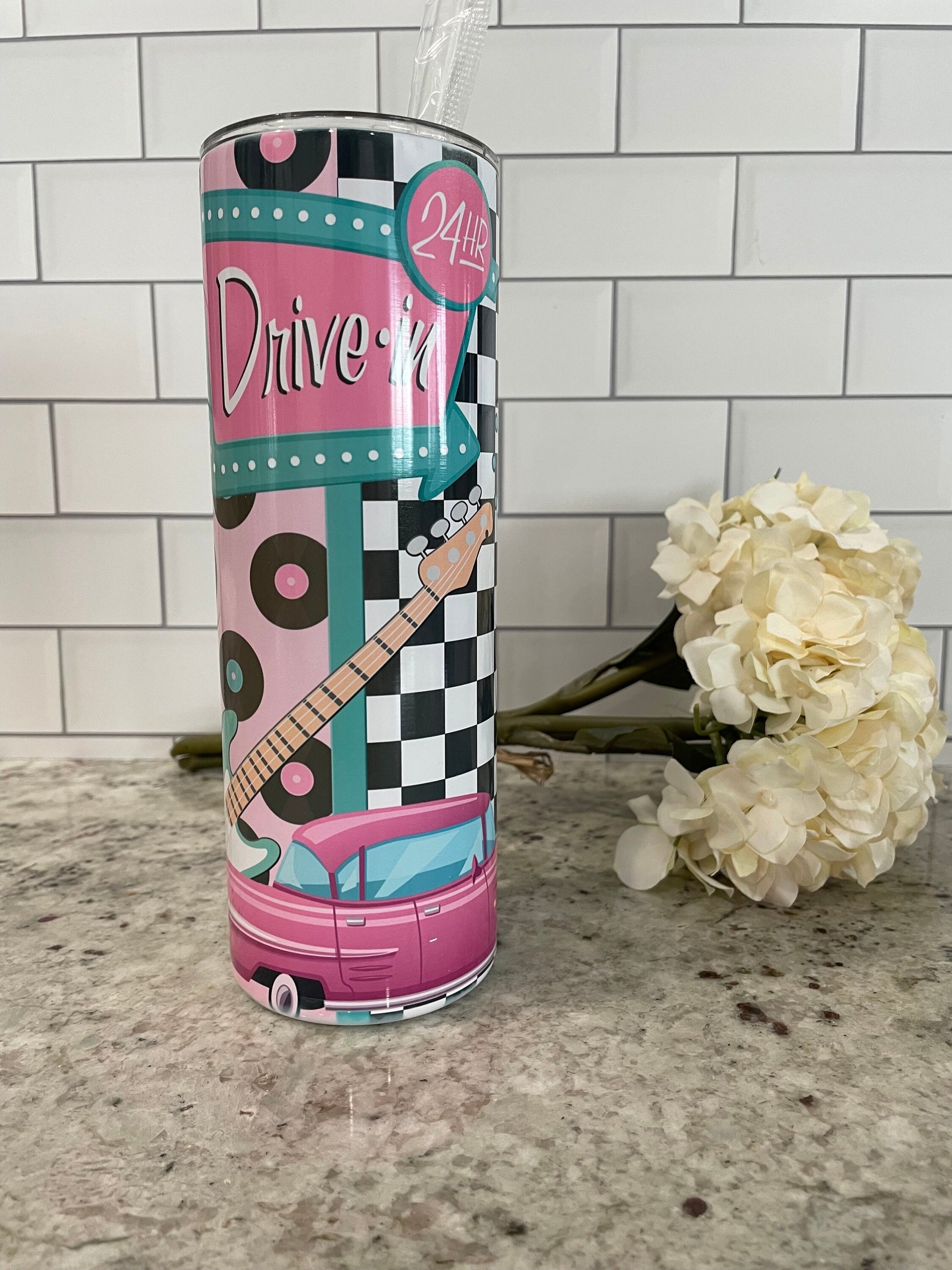Retro theme | Pink Cadillac | Drive in |20 oz skinny tumbler