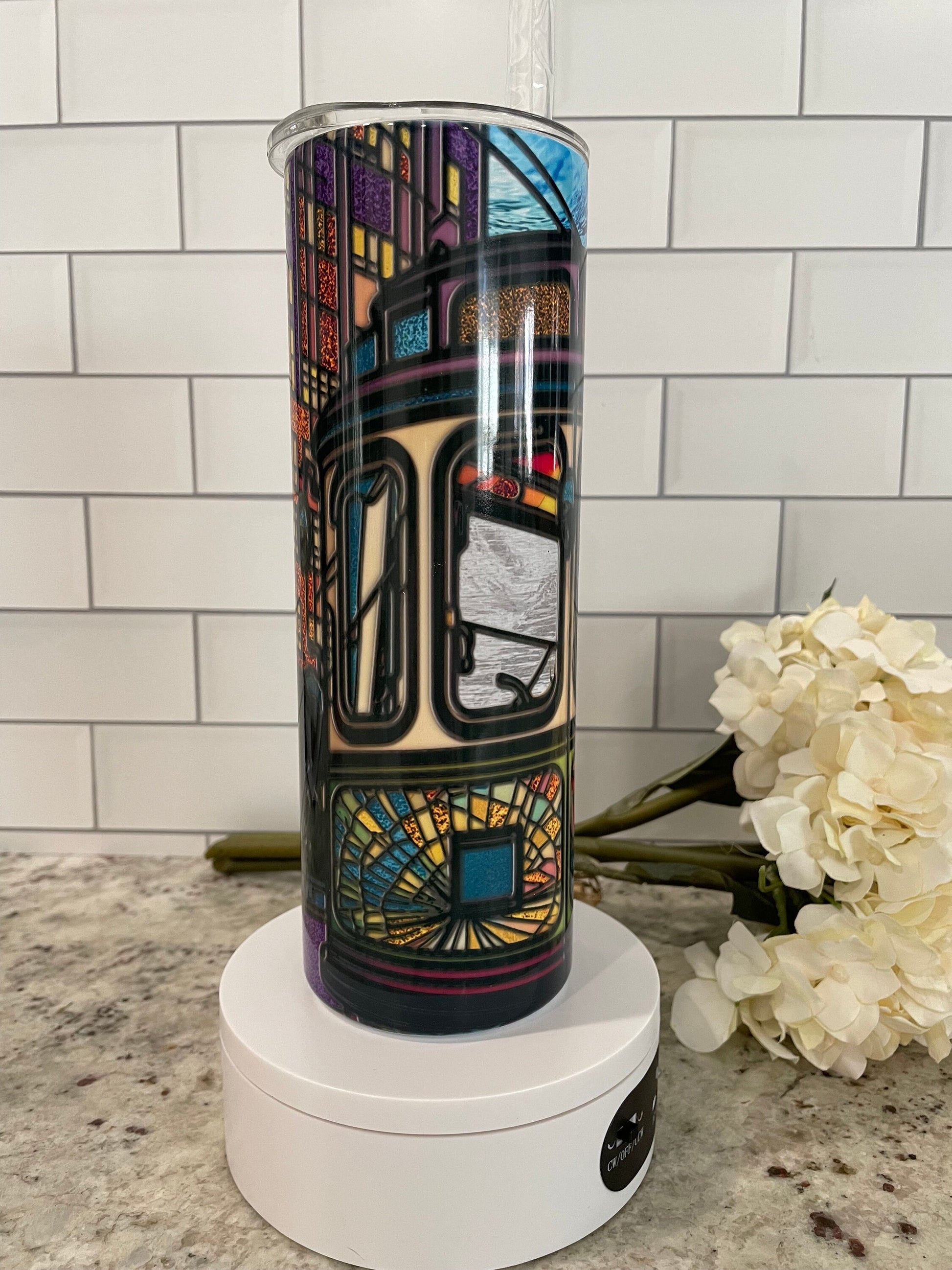 20 oz skinny tumbler | Stained glass trolley car