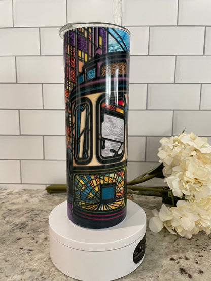 20 oz skinny tumbler | Stained glass trolley car