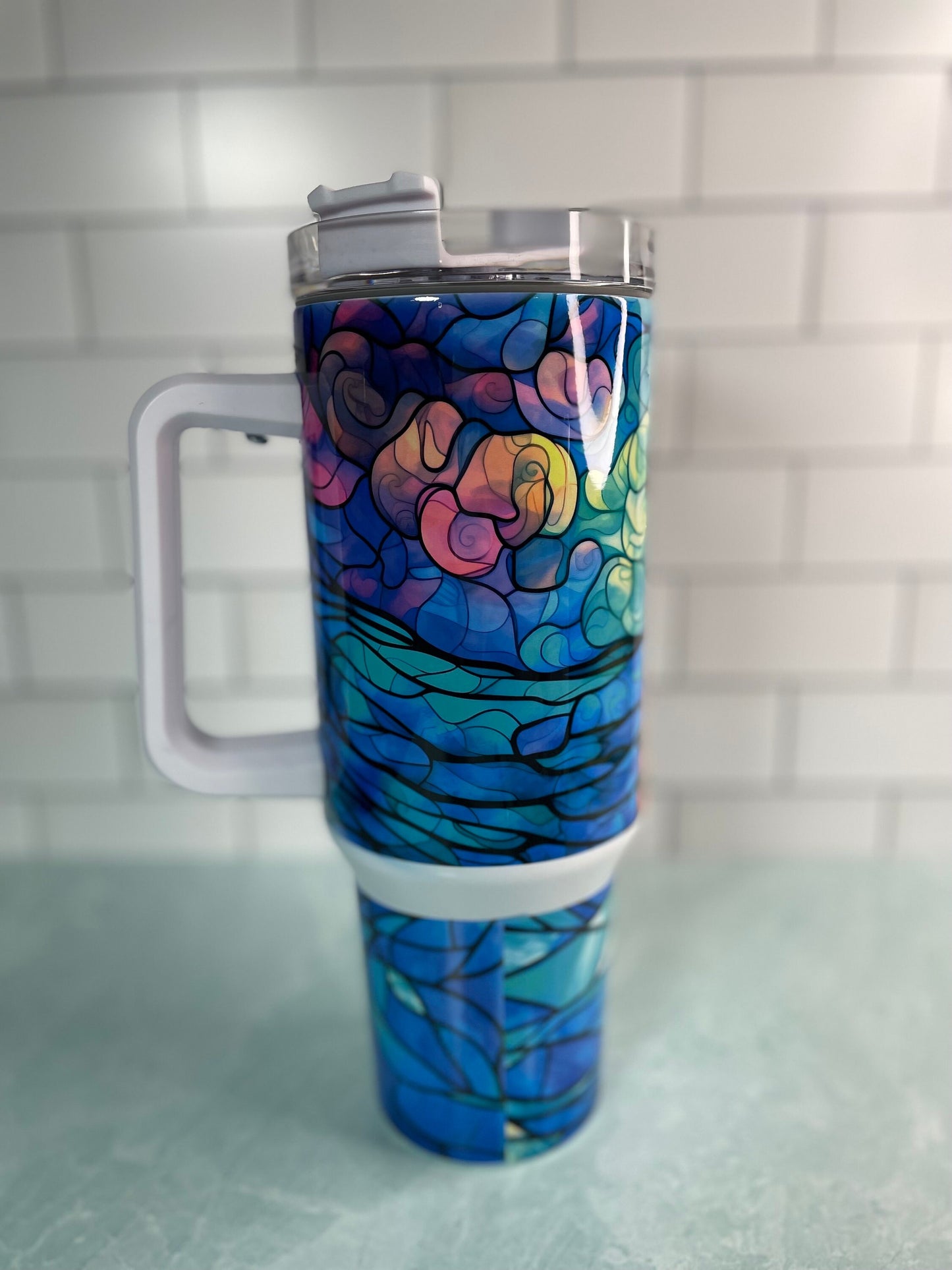 40 oz tumbler with handle| Watercolor scene with ocean and lighthouse