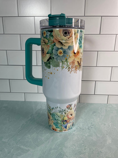 40 oz tumbler with handle| Pastel Flowers