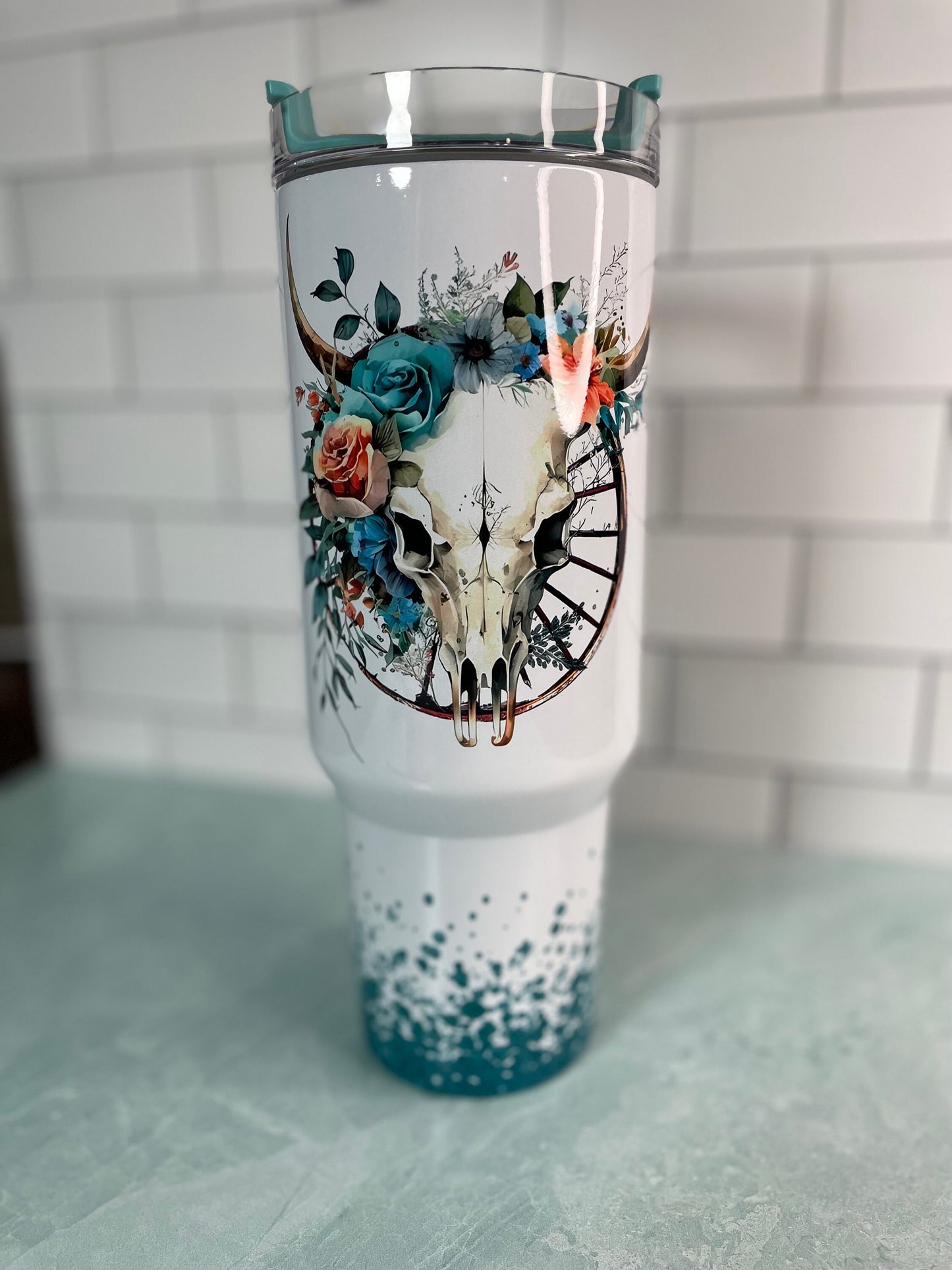 40 oz tumbler with handle| cow skull with flowers