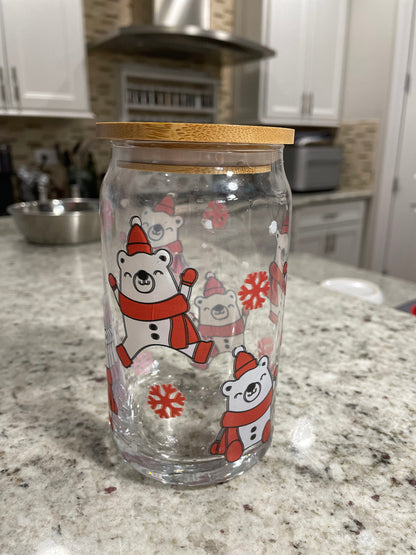 16 oz glass can with bamboo lid | Santa Bear design