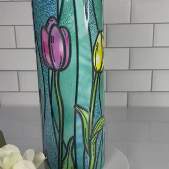 Water bottle/tumbler with stained glass tulip design