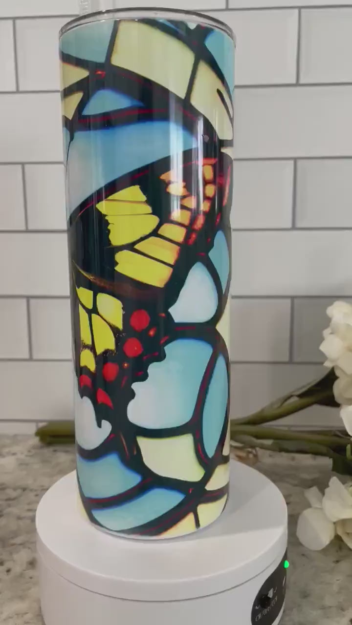 20 oz skinny tumbler | Stained glass look butterfly