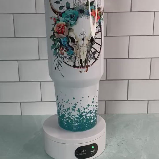 40 oz tumbler with handle| cow skull with flowers