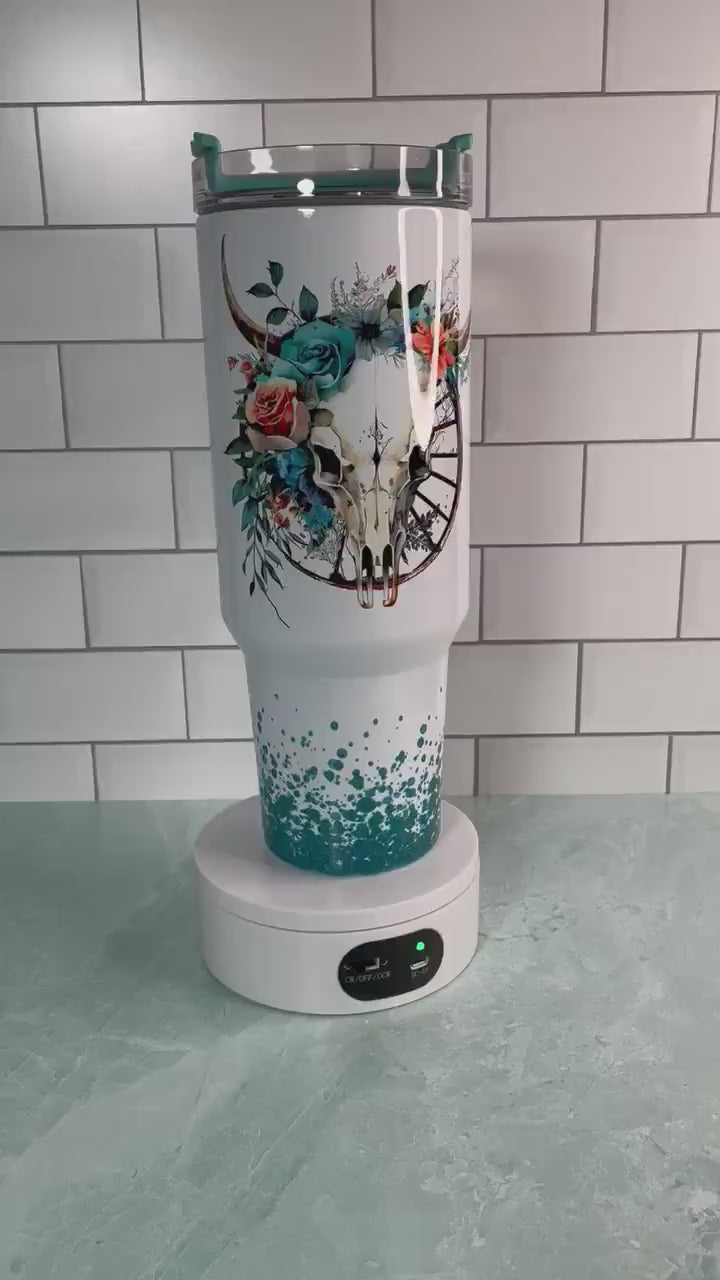 40 oz tumbler with handle| cow skull with flowers