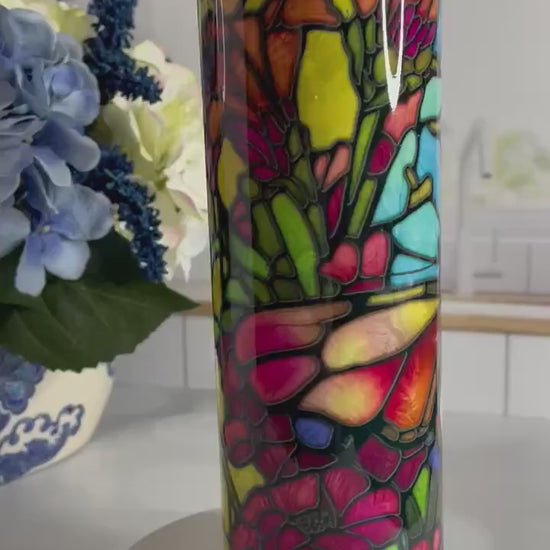 Stainless steel tumbler with stained glass butterfly design