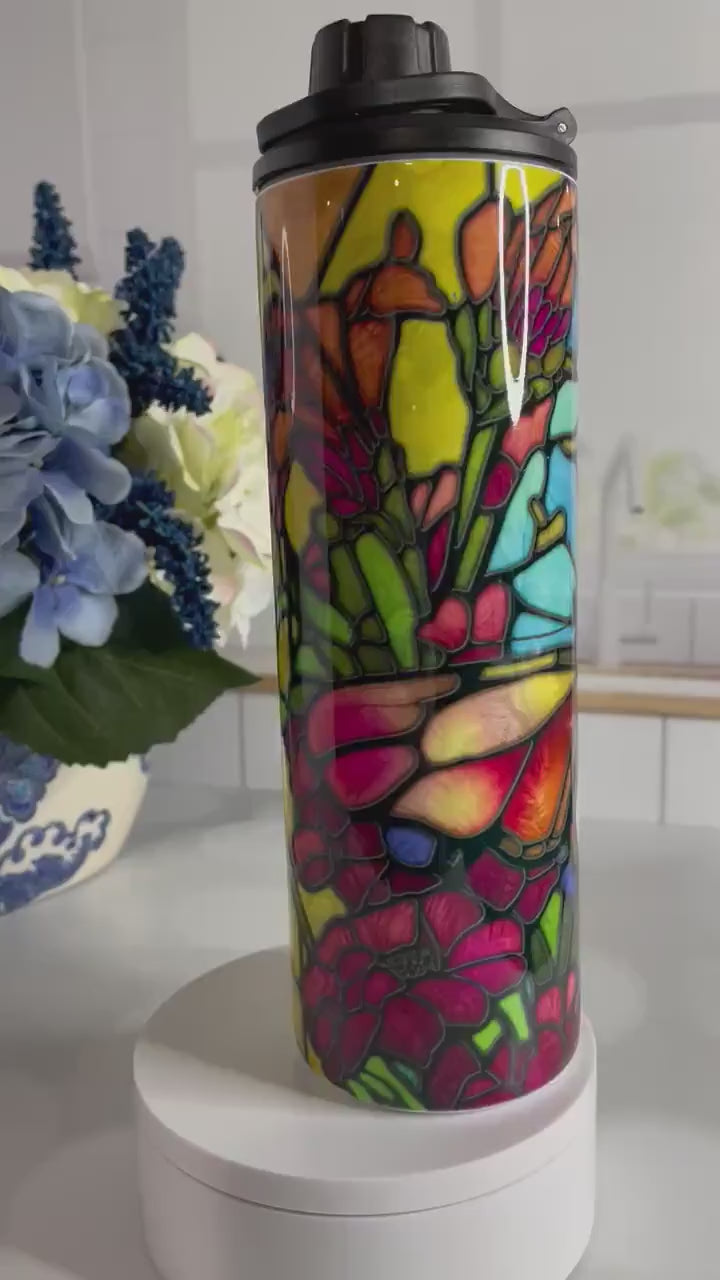 Stainless steel tumbler with stained glass butterfly design