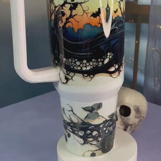 40 oz tumbler with handle| Haunted House Halloween theme