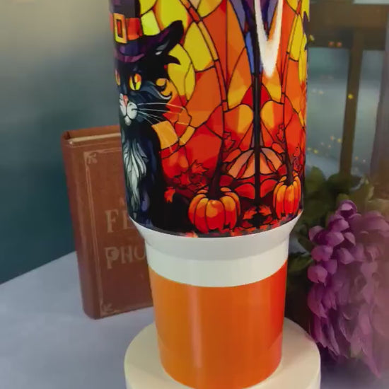 40 oz tumbler with handle| Black Cat in Witch Hat | Halloween theme