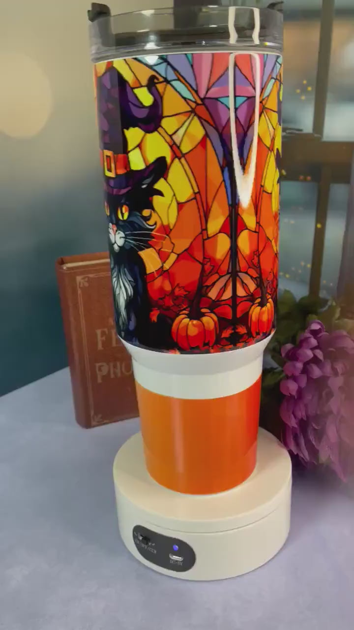 40 oz tumbler with handle| Black Cat in Witch Hat | Halloween theme