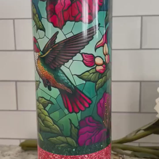 20 oz skinny tumbler | Stained glass hummingbird with glitter