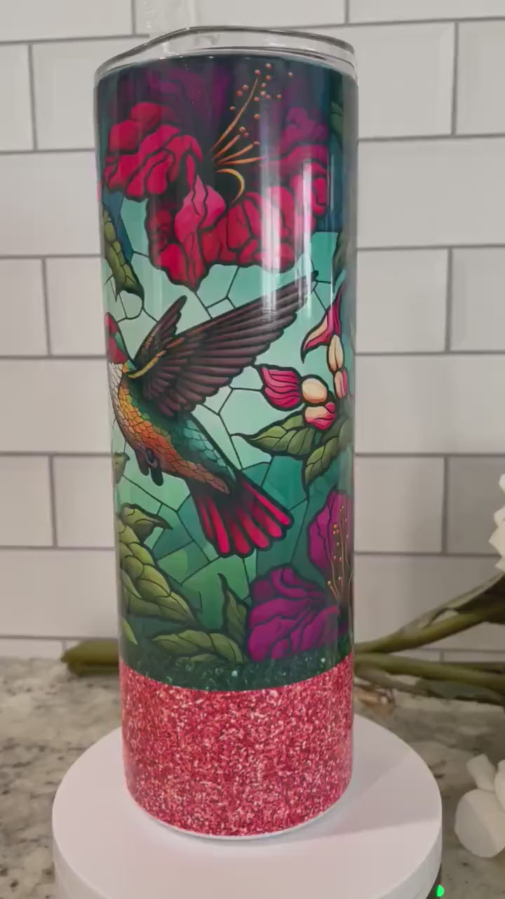 20 oz skinny tumbler | Stained glass hummingbird with glitter