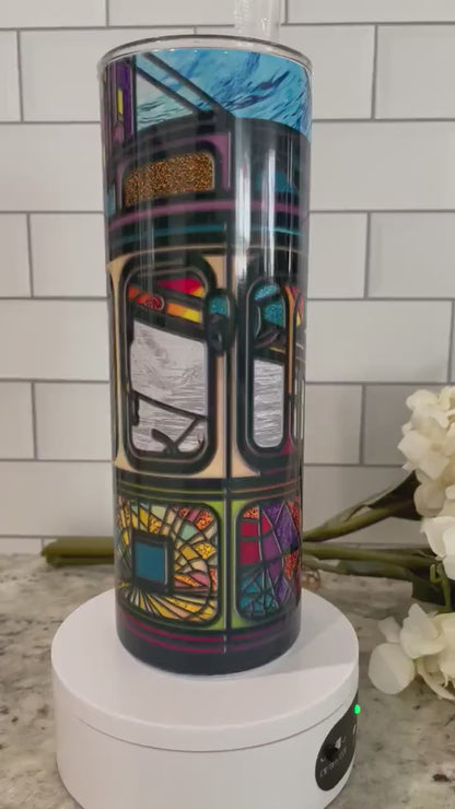 20 oz skinny tumbler | Stained glass trolley car