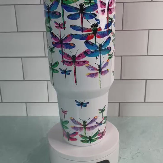 40 oz tumbler with handle| Colorful Dragonflies