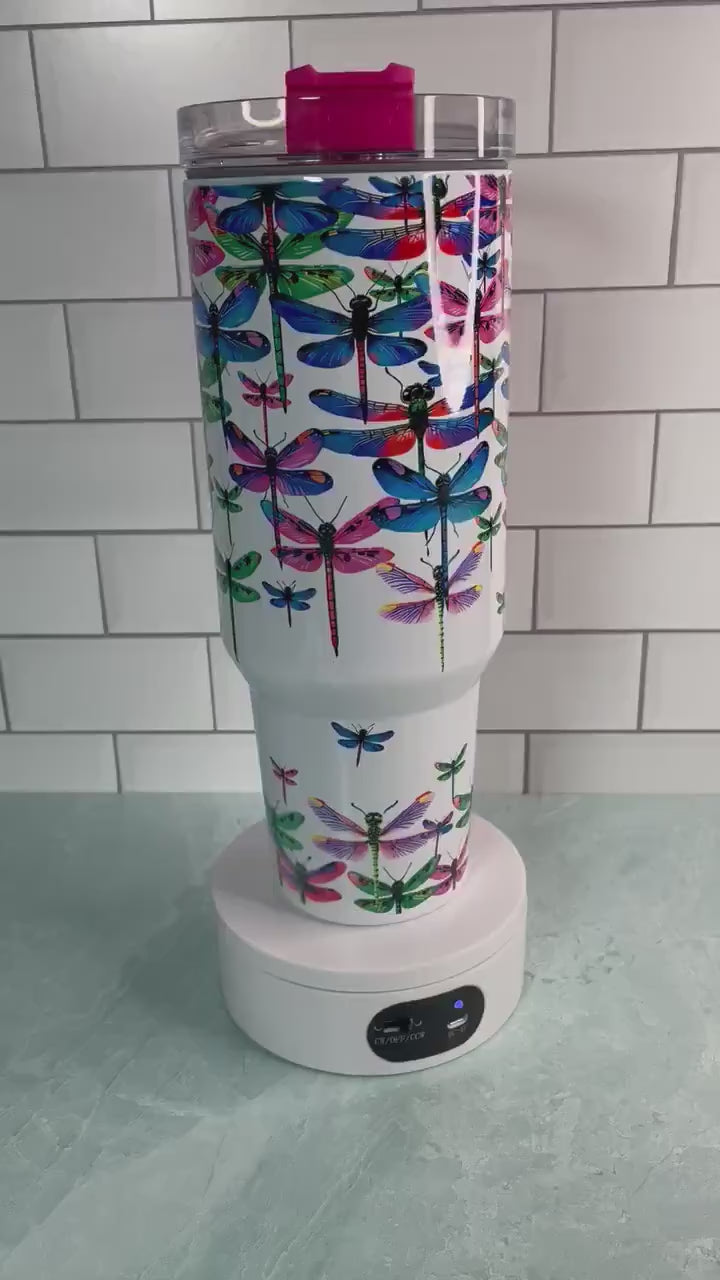 40 oz tumbler with handle| Colorful Dragonflies