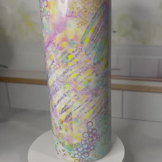 Stainless steel tumbler/ water bottle featuring pastel colors and coffee and chaos theme