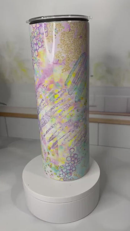 Stainless steel tumbler/ water bottle featuring pastel colors and coffee and chaos theme