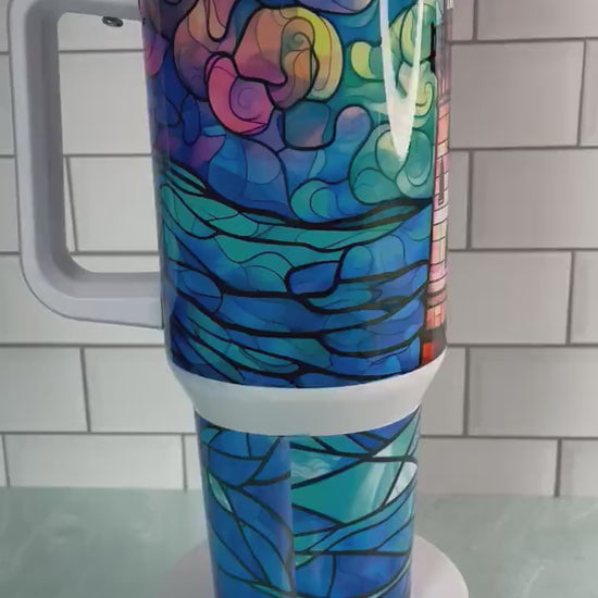 40 oz tumbler with handle| Watercolor scene with ocean and lighthouse