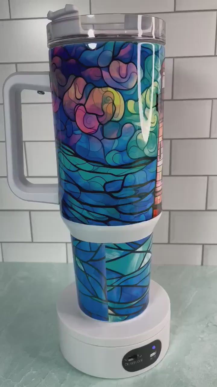 40 oz tumbler with handle| Watercolor scene with ocean and lighthouse