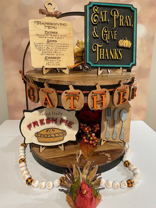 Thanksgiving Tiered Tray Decor #1 | Give Thanks Decor | Thanksgiving Dinner Table Decor | Apple Pie | Thanksgiving Menu | Mini-signs