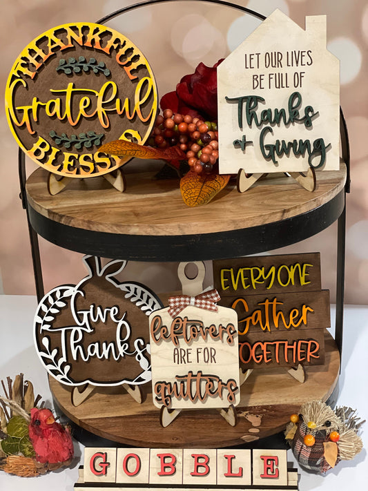 Thanksgiving Tiered Tray Decor #2| Give Thanks Decor | Thanksgiving Dinner Table Decor | Apple Pie | Mini-signs | Thankful, Grateful |