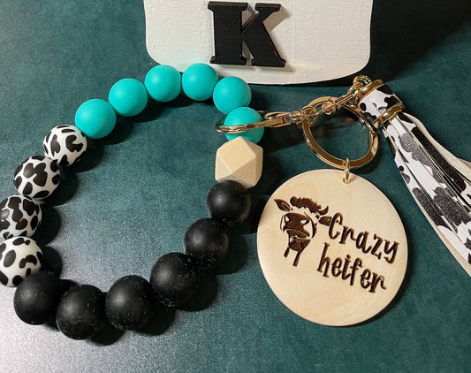 Key chain with Wristlet | Cow pattern wristlet with silicone beads | wooden disc | keyring | Not today heifer